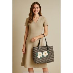 LANCASTER PARIS TOTE LG IKON COATED CANVAS FLORAL STITCHING ADJ STRAPS BROWN